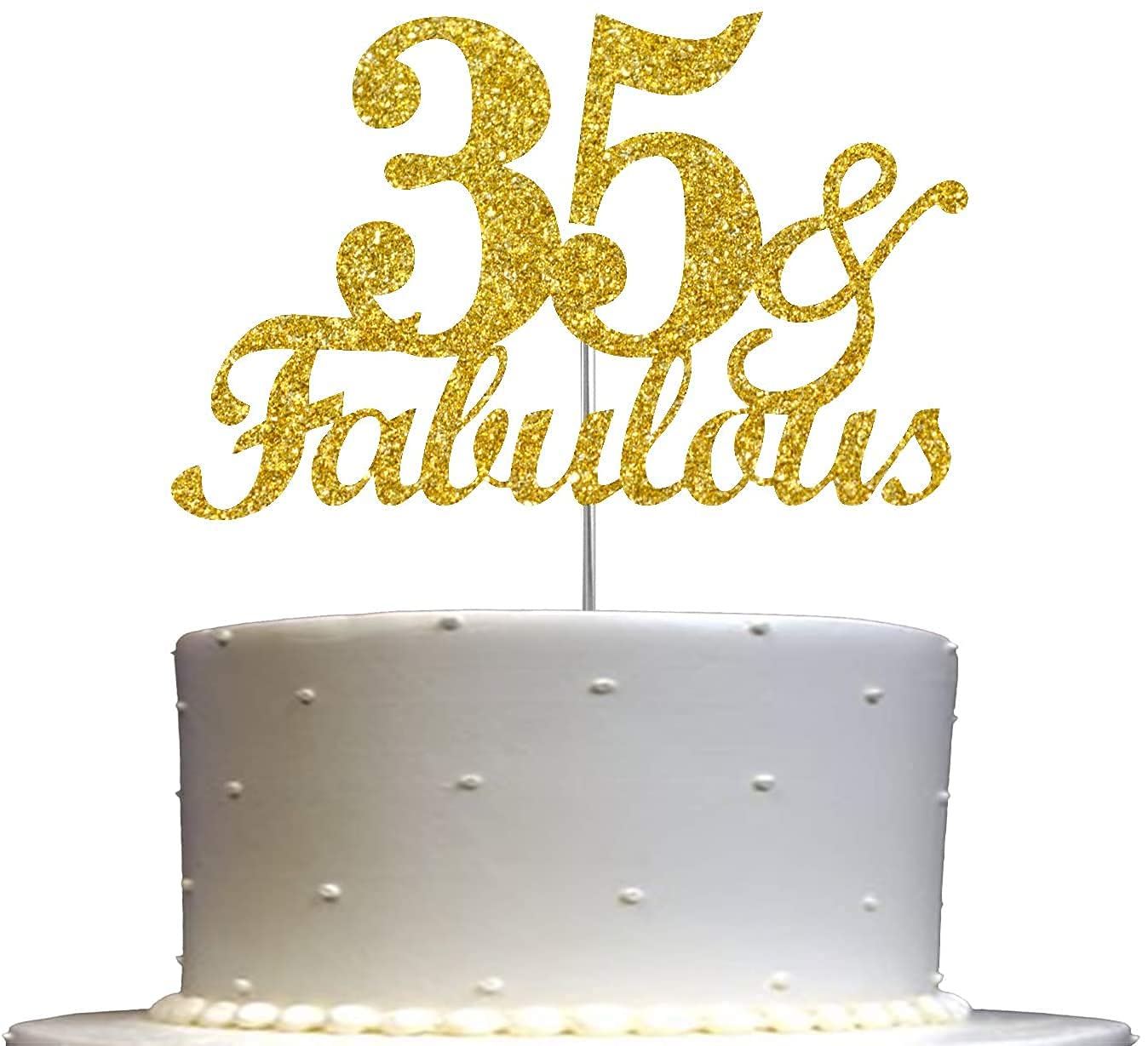 Zyozique® Fabulous & 35 Cake Topper Gold Glitter, 35th Birthday Party Decoration One Sided Glitter,with Wooden Stick.