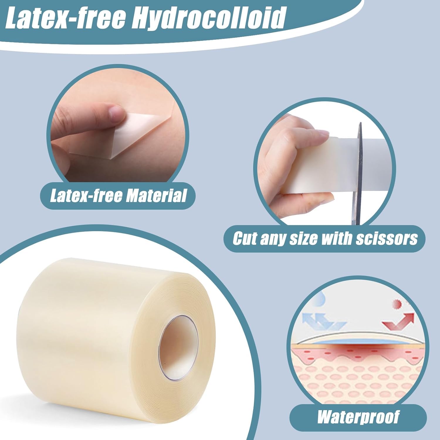 Rayyl Rollo de Apósito Hidrocoloide 5 cm x 1,5 m, Vendaje Hidrocoloide Flexible Recortable, Protección Impermeable para Rozaduras y Ampollas, Fácil Aplicación