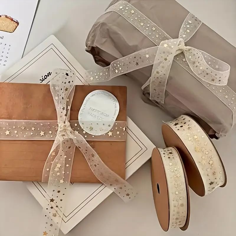 1Roll 20Yards Golden Foil Star Ribbon,Gift Wrap Cord,for Birthday Wrapping Craft Hair Bows Party Gift Supplies DIY Crafts