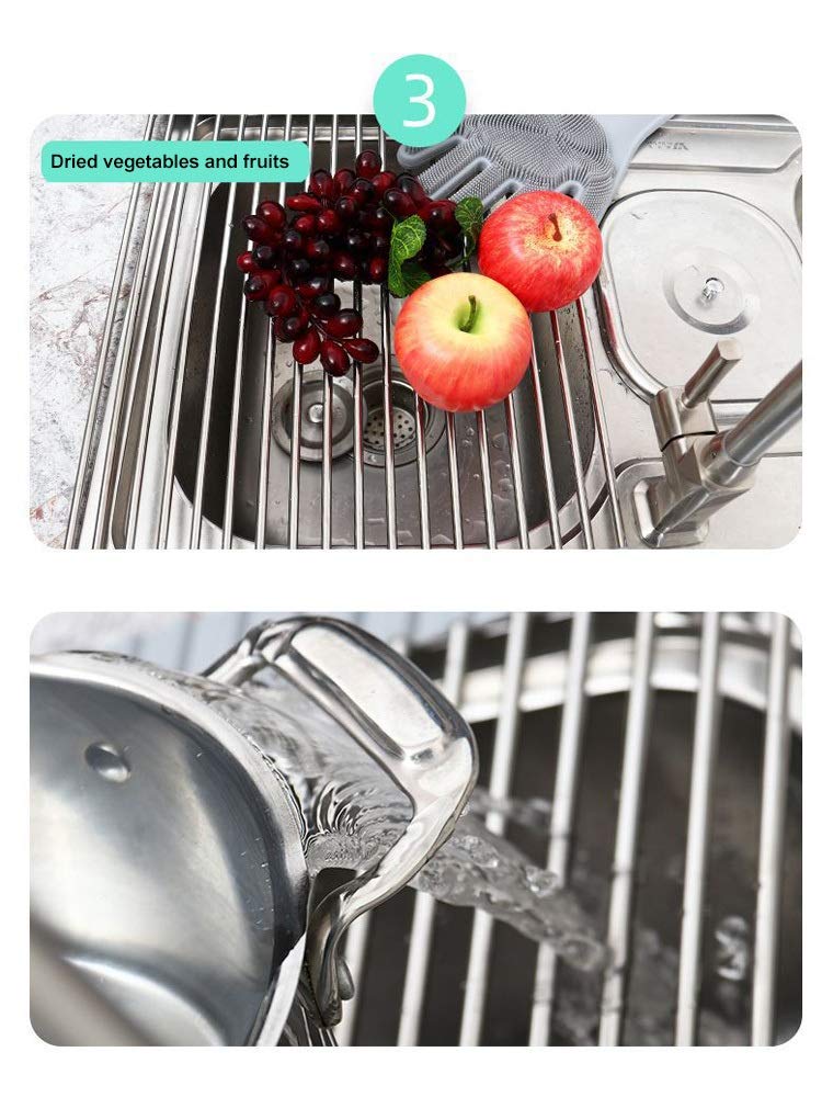 Escurridor de Platos, Rejilla for secar Platos Enrollable, Llantas Plegables de Silicona Acero Inoxidable, Fregadero Cocina Gris Varios tamaños | 22*42cm