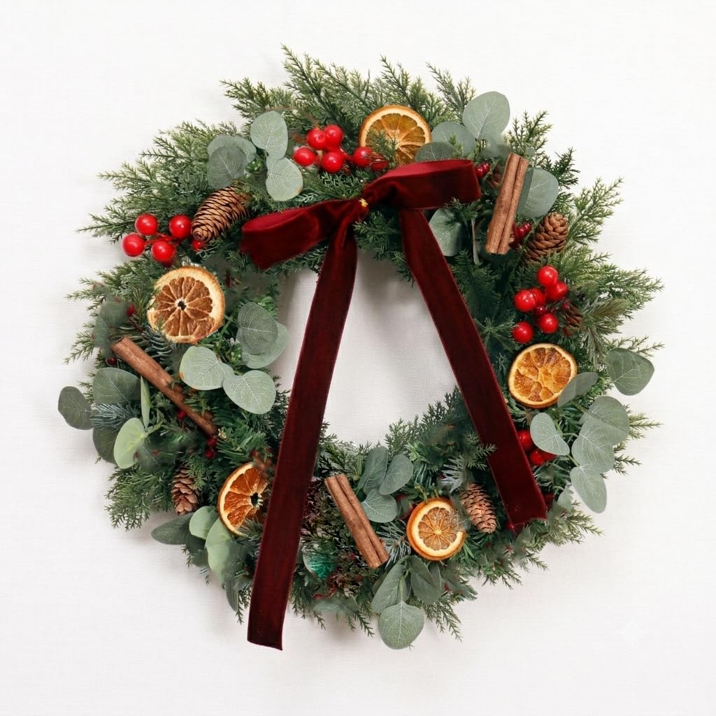Künstlicher Weihnachtskranz für Haustür 50cm, Türkranz Weihnachten mit Roter Samtschleife, Deko Adventskranz mit Künstlichen Orangenscheiben Zimtstangen Zapfen, Wandkranz Herbst Winter Deko