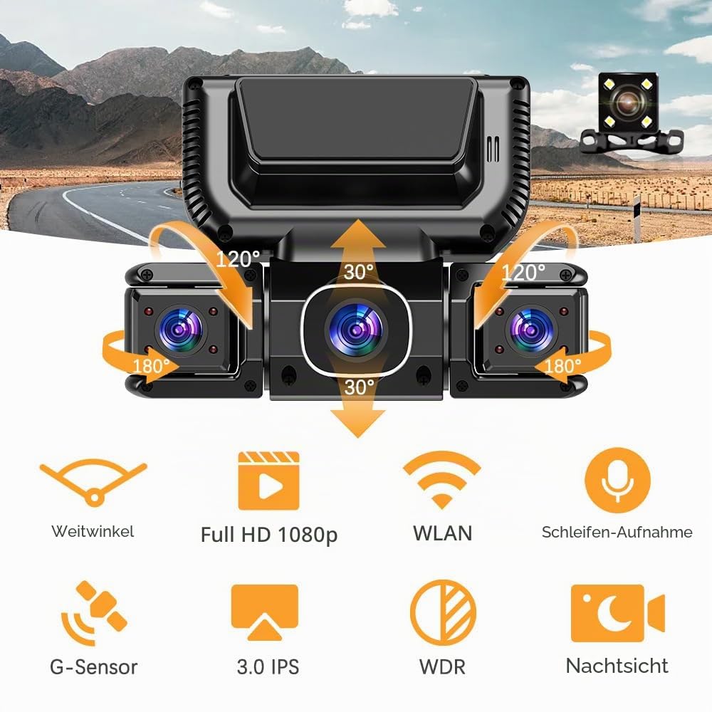 4-Kanal-Dashcam mit WLAN und Nachtsicht,360° All-Around Protection,4-Channel 360° Dash Cam,4 Kanal Dashcam Auto Vorne Hinten Innen Seiten mit Nachtsicht,G-Sensor (64G,Zigarettenanzünder)