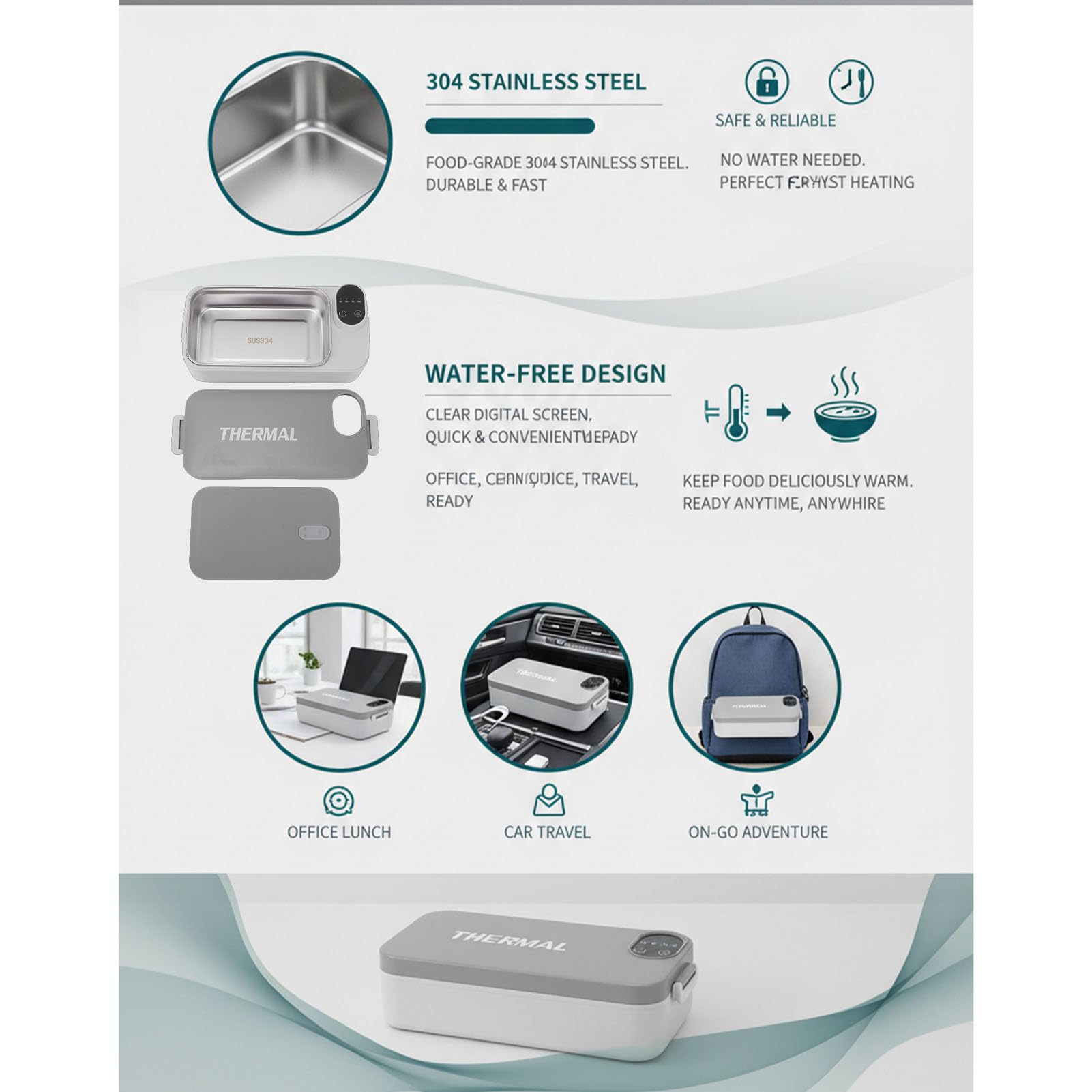 AUNMAS Lunch Box Elettrico, Lunch Box Riscaldato in Acciaio Inossidabile USB 304 con Scaldavivande Portatile con Display Digitale Intelligente per Viaggi in Ufficio per Camion per Auto