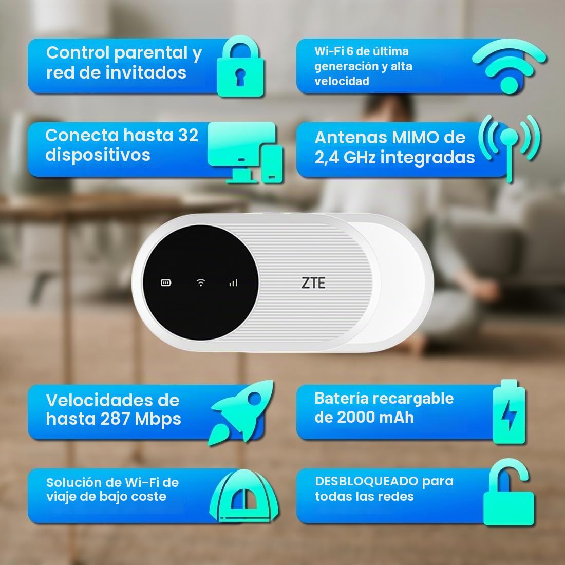 Módem WiFi portátil ZTE U10 N300Mbps 4G LTE Cat4, visualización en pantalla, con SIM, enrutador 4G asequible, batería recargable, fácil de usar, configuración sencilla