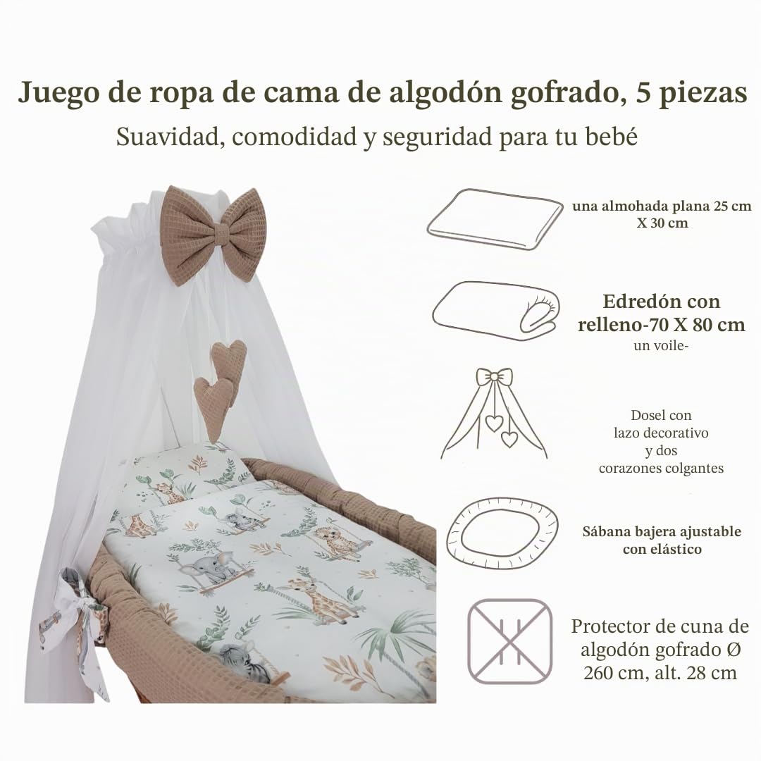 WIKLINOPOL Lena - Cuna de mimbre con ruedas, colchón, dosel y ropa de cama de tela de waffari con animales de safari, hecho a mano, cesta de moisés natural