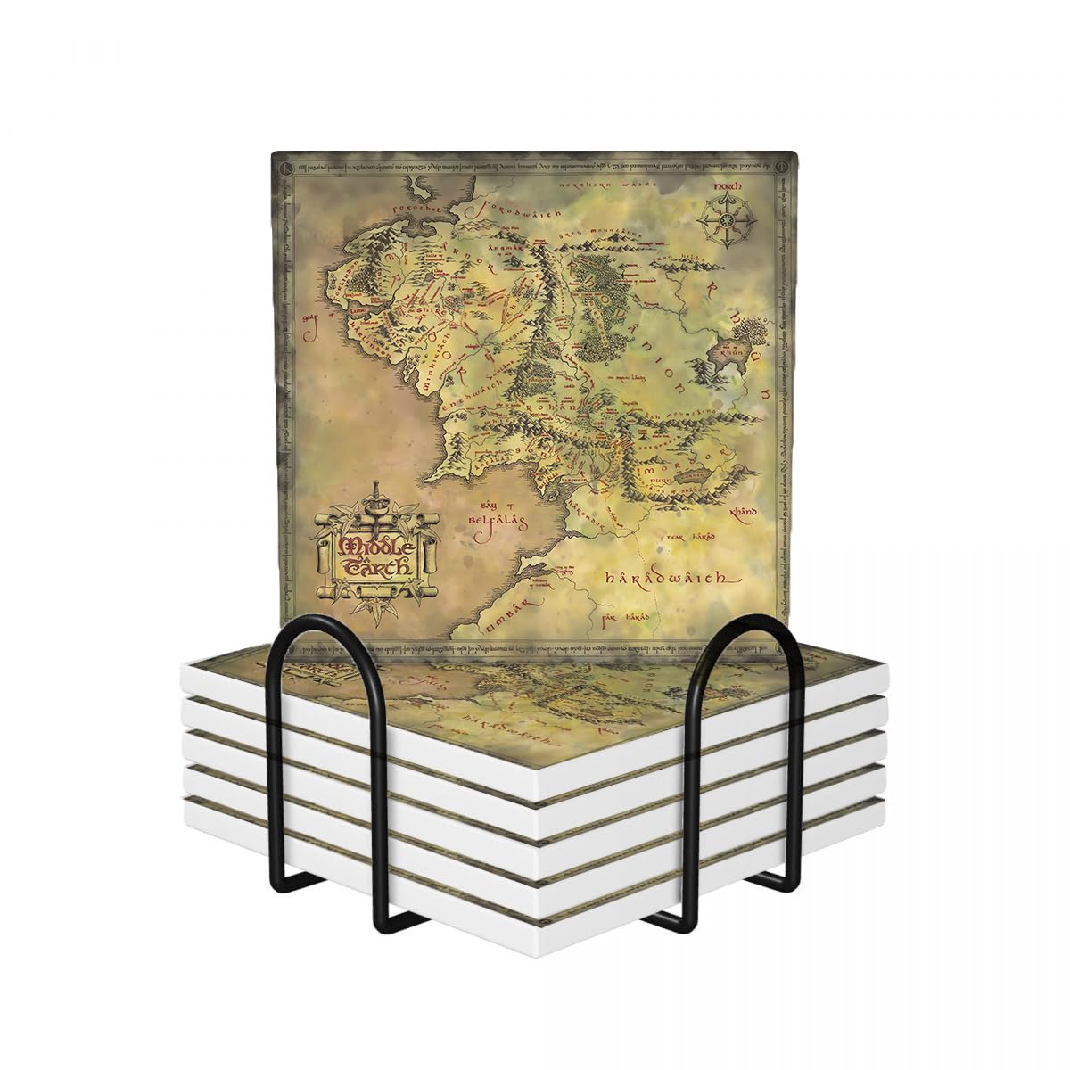 6Pcs Vintage Coasters with Metal Holder, Middle Earth Map Absorbent Square Ceramic Stone Mat Coaster, Drink Coasters Cup Mats for Bar Party Home Office Table Decor Warming Gift
