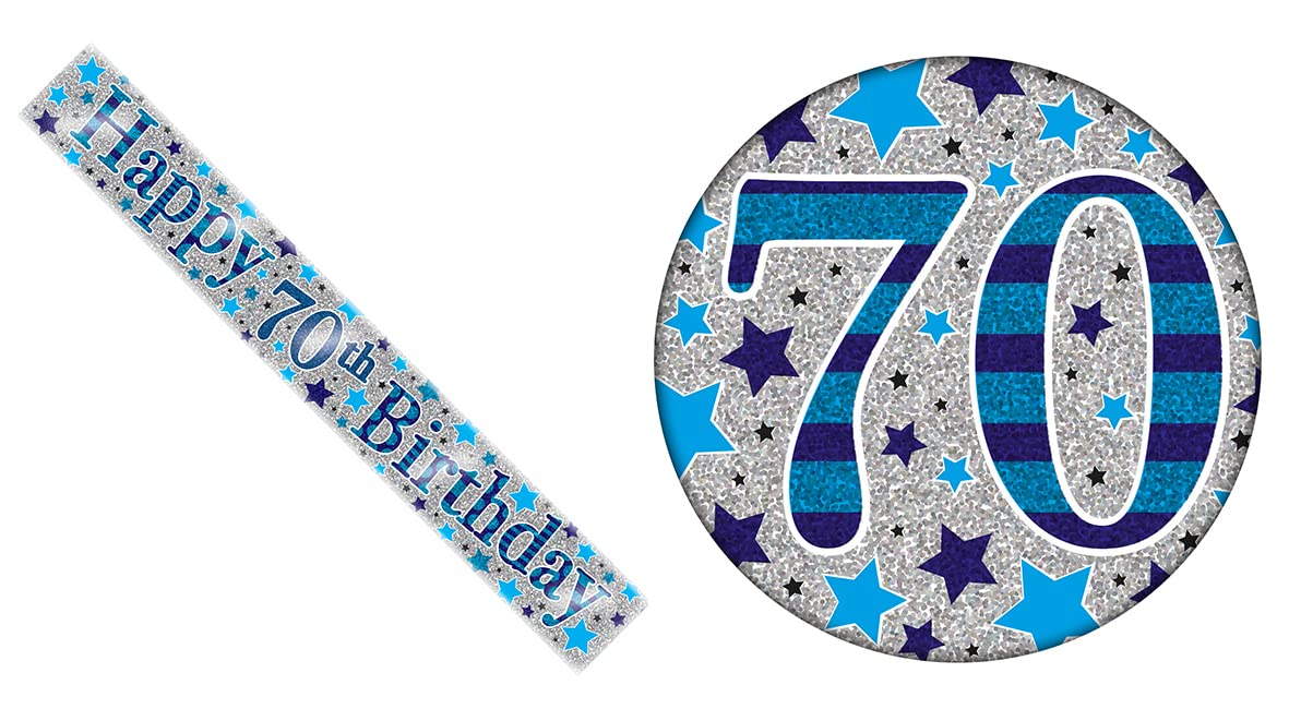 Age 70 Blue And Silver Star Holographic Shiny 70th Birthday Party Kit Set (Banner And Giant Badge)