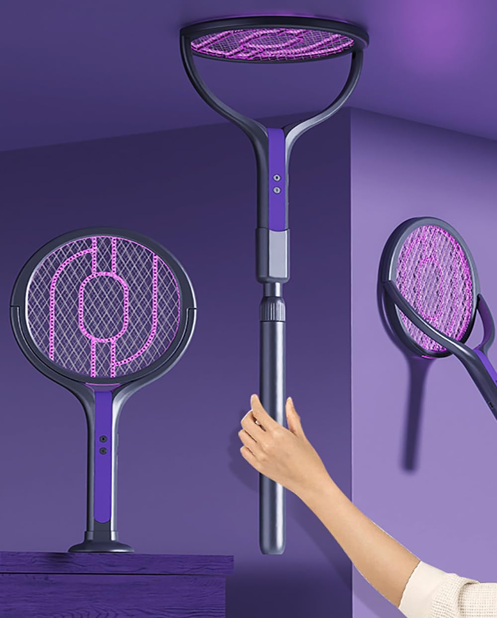 Mateju Electric Fly Swatter, Rechargeable Scalable Fly Zapper Racket Large Surface Bat Portable Mosquito Bat, Electric Mosquito Racket for Killing Flies for Indoor & Outdoor (Gray Purple,1pcs)