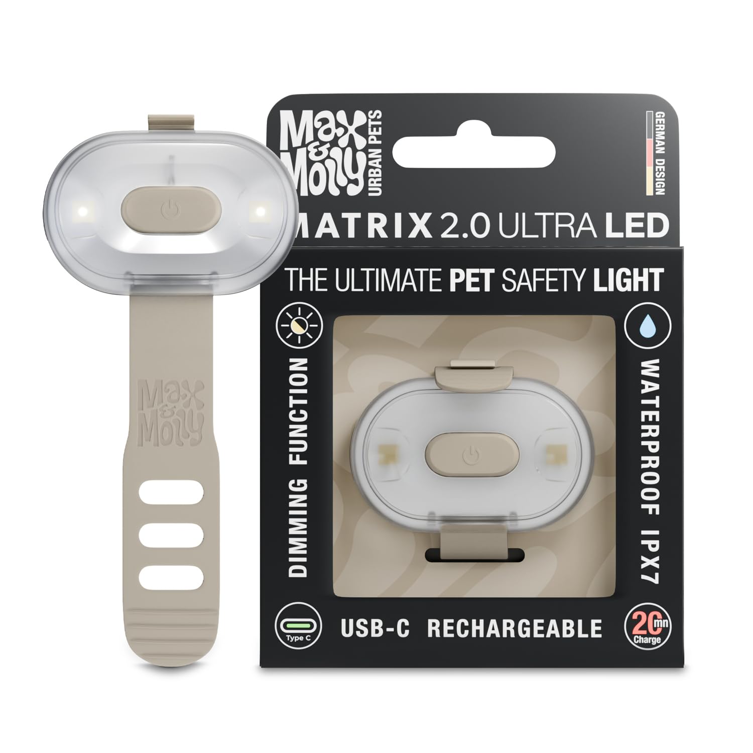 Max & Molly Matrix 2.0 Ultra LED, Hundelicht für Geschirr, Leine & Halsband, Sand, Wasserfest, USB Wiederaufladbar, Hundelampe LED, Hunde Leuchtanhänger für mehr Sicherheit bei Nacht