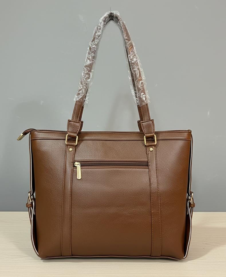 Image of BAGGIT Brown Tote Bag, Textured Faux Leather, Shoulder Handbag with Zip Closure, Gold Hardware