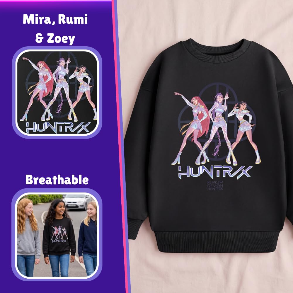 KPop Demon Hunters Sweat-Shirt Noir Huntrix Rumi Mira Zoey pour Filles | Pull à Manches Longues et col Rond | Haut idéal pour Tous Les Jours pour Adolescentes | Produits dérivés K-Pop Demon Hunters