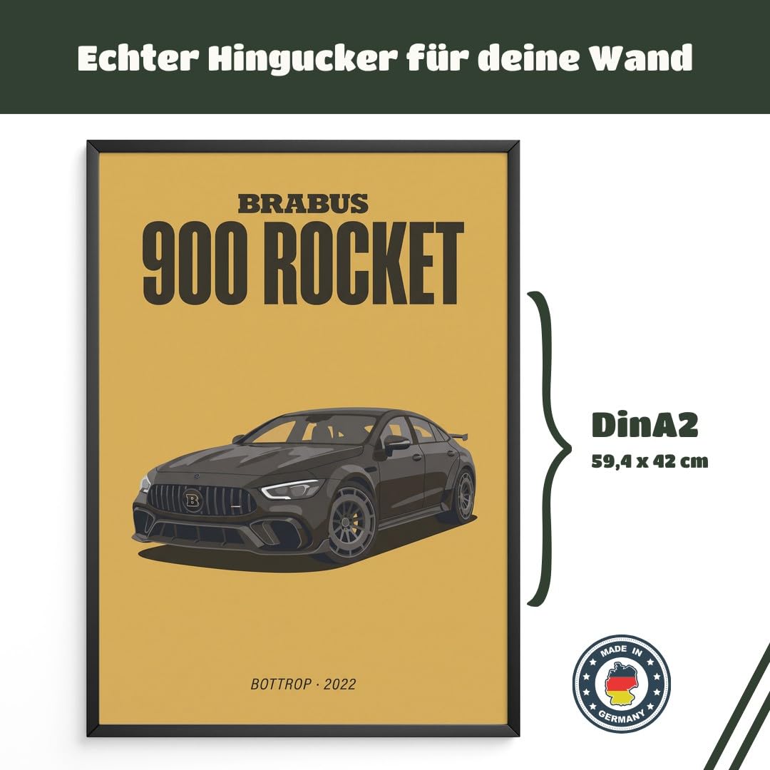 MJ-GRAPHICS® Poster Brabus Kunstdruck Auto 900 Rocket Wandbild sportlich Bilder dunkelgelb Schwarz Deko Büro modern A2 mit braunem Rahmen