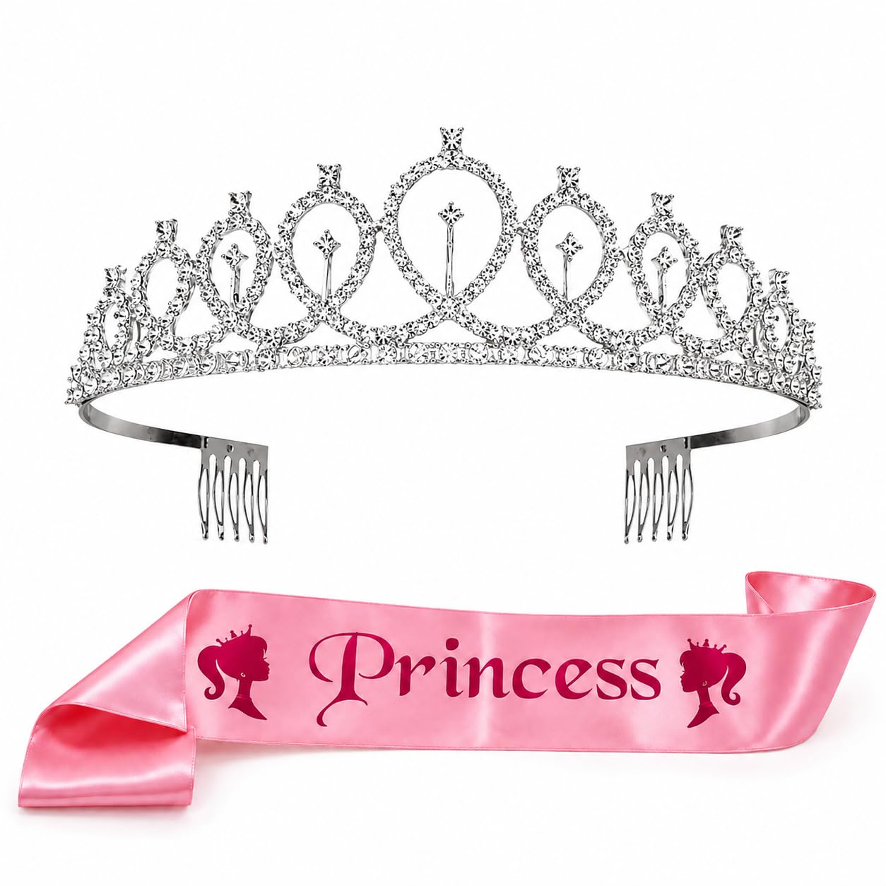 Princess Crown for Girls & Women with Sash, Silver Tiara Big Crown & Satin Sash Pink for Birthdays, Parties & Special Occassions, Gift for Girls & Womenss-image-33