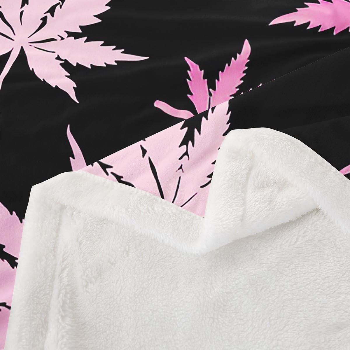 Marijuana Leaves Fleece Throw Blanket - Pink Cannabis Sherpa for Kids, Boys, Girls - Botanical Hemp Plush, Luxury Black Girly Decor Fuzzy for Sofa, Bed, Couch - Twin 60x80 Inches