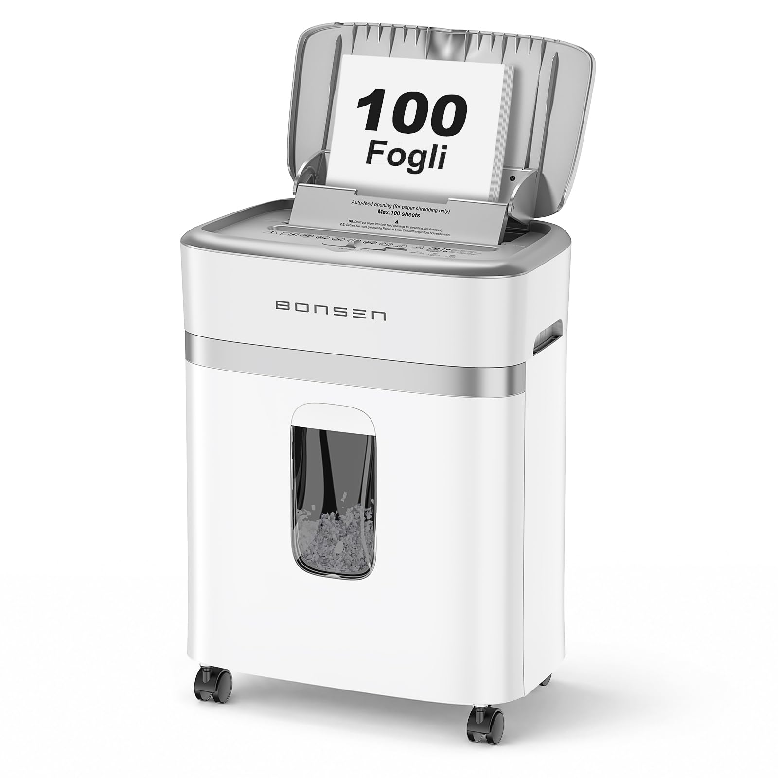 BONSEN Distruggidocumenti 100 Fogli Auto-Feed, P-4 Micro-Taglio | 30 min in continuo & silenzioso ≤60dB per casa e ufficio, S9201