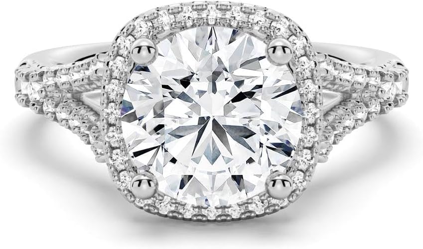 MSBLUE® 2 Ct. DEW Round Cut Moissanite Engagement Ring with Split Shank | Cushion Pavé Halo | Premium Alternative | Ideal for Weddings, Anniversaries, Women