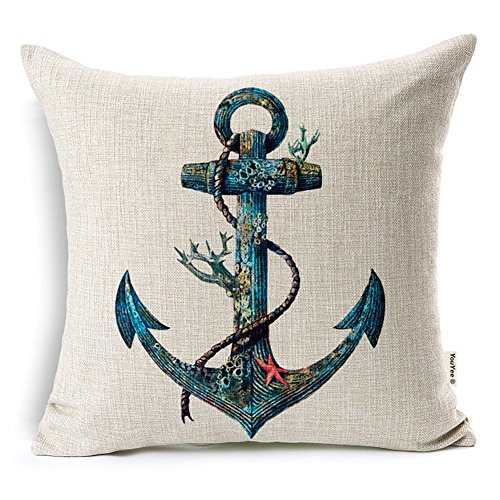 Vogol Durable Cotton Linen Throw Pillow Case Cushion Cover, Blue Rust Nautical Anchor Sailing Map, Square Pillowcase For Bedding Sofa Chair Car Seat, 18 X 18 Inch #TOP20
