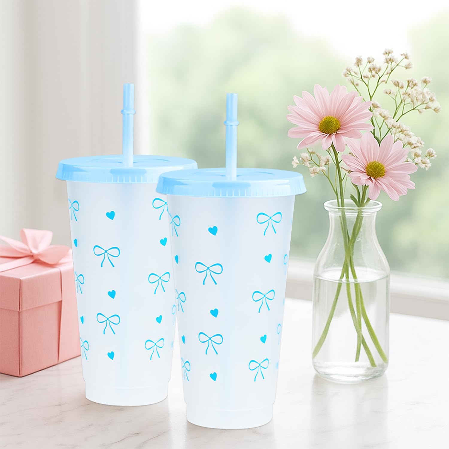 12Pcs 24 oz Blue Bow Plastic Cups with Straw and Lid, Reusable Coquette Bow Tie Cold Cups for Wedding Baby Shower Birthday Party Decor - Image 7
