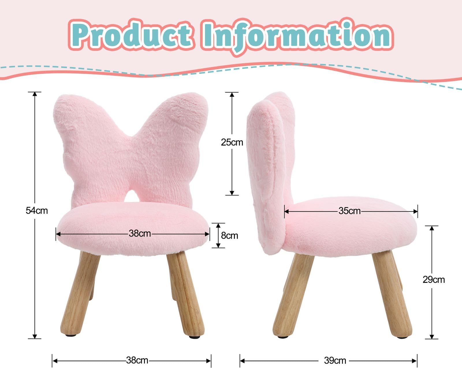 chairus Poltroncina per Bambini con Schienale a Forma di Farfalla Poltrone per Camerette in Pelliccia Sintetica Divanetto Bambini in Legno per Soggiorno/Camerette/Regalo, Rosa