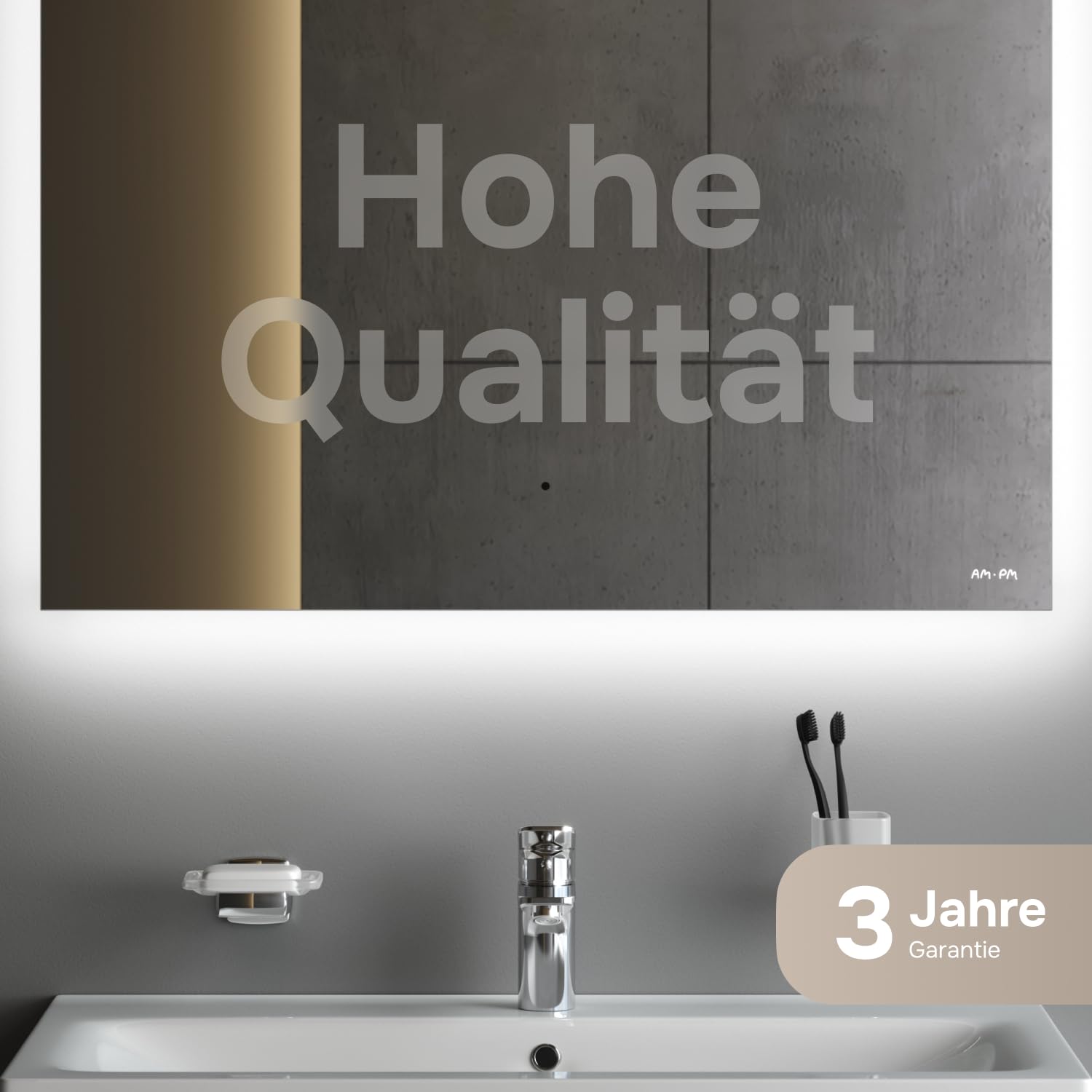 AM.PM Hit – LED Spiegel 80 x 70 cm mit Beleuchtung | Badezimmerspiegel mit LED | Spiegel mit Licht dimmbar 3 Farbtemperaturen | Touchless Sensor & Anti Beschlag | Wandspiegel ohne Rahmen | Badspiegel