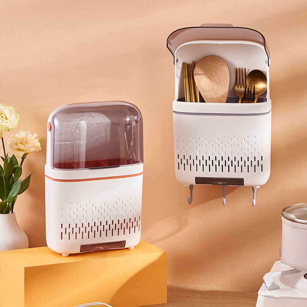 Estante para palillos de cocina, organizador de almacenamiento de cubiertos, organizador de almacenamiento de cubiertos montado en la pared, cesta con tapa escurridora, soporte para utensilios de