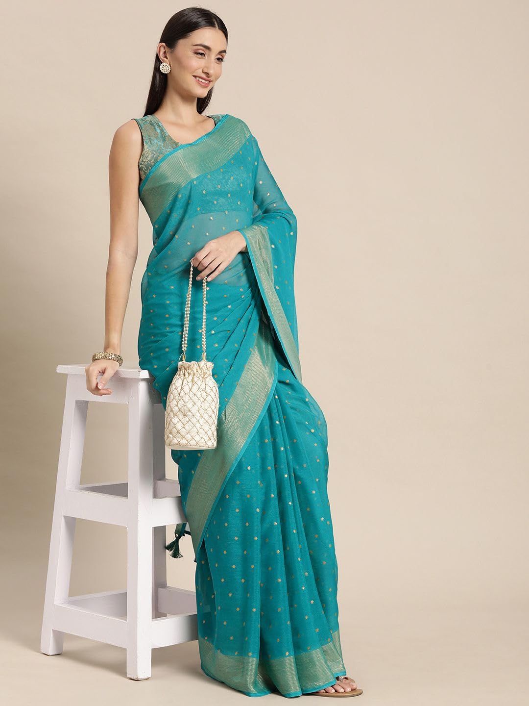 Zari 194422 Zari-Sari aus reinem Chiffon, Blau und Goldfarben, blau, One size