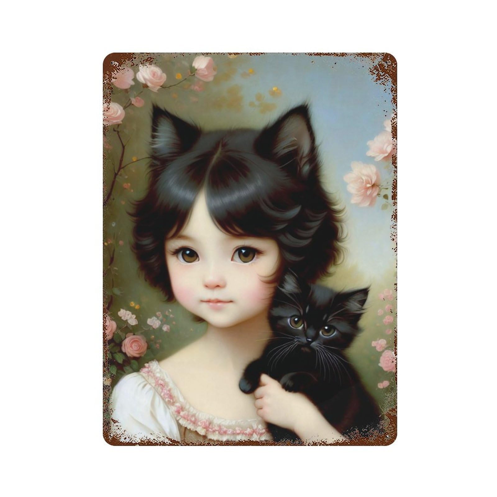 Girl with Black Kitten Vintage Rust Metal Sign 15.7"x11.8", Farmhouse Wall Decor for Garage, Pub Or Kitchen