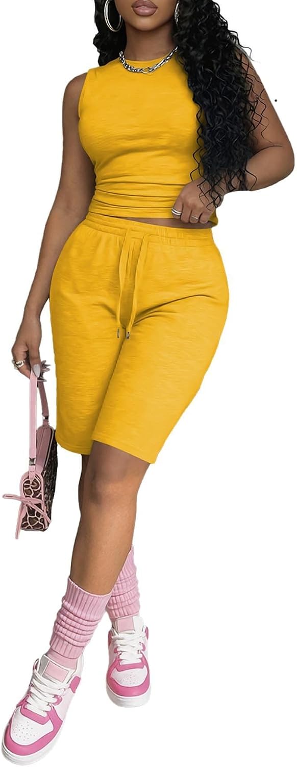 Ulovmi 2 Piece Short Sets for Women Summer Outfits Matching Sweatsuit Sleeveless Tank Top and Biker Shorts Lounge Workout