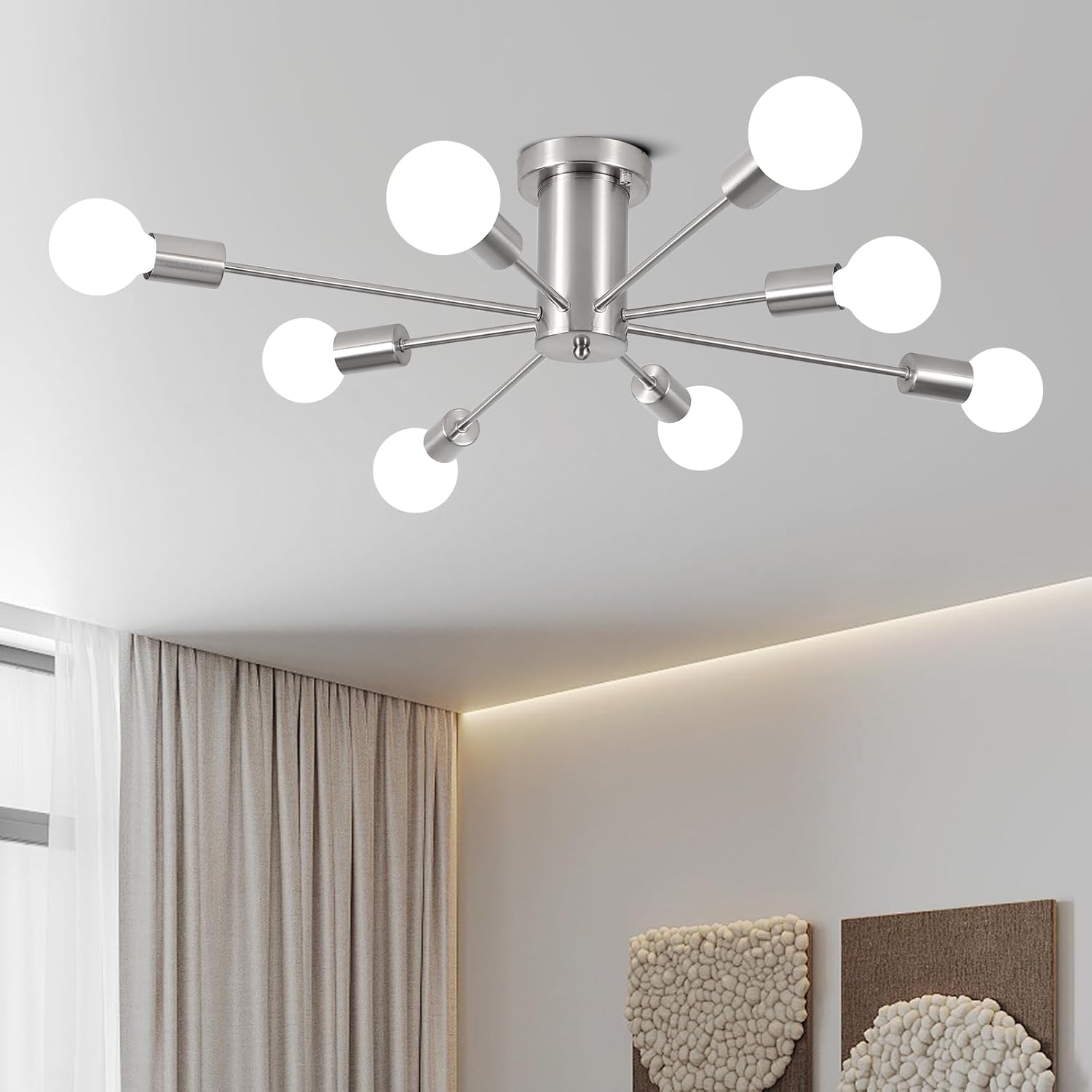 Nickel 8-Light Geometric Sputnik Semi Flush Mount Chandelier