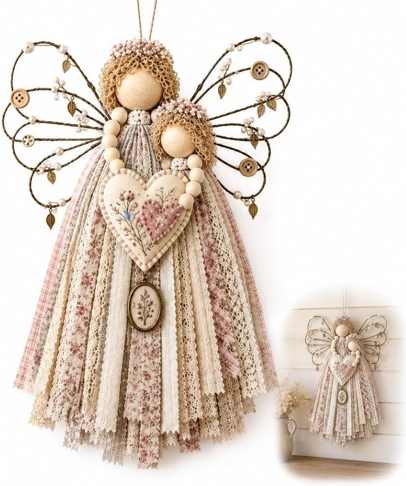 Angel Fabric Hanging Diy Kit, Handmadeangel Ornament Craft Kit, Macrame Wall Weaving Craft, Precut Fabrics & Buttons to Create Layered Wings, Beginner Rustic Farmhouse Christmas Home Decor, #I