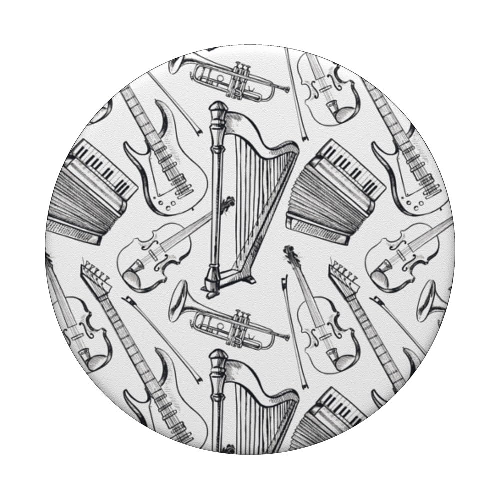 Musical Instruments Pattern Black & White Graphic Background PopSockets Swappable PopGrip - Image 3