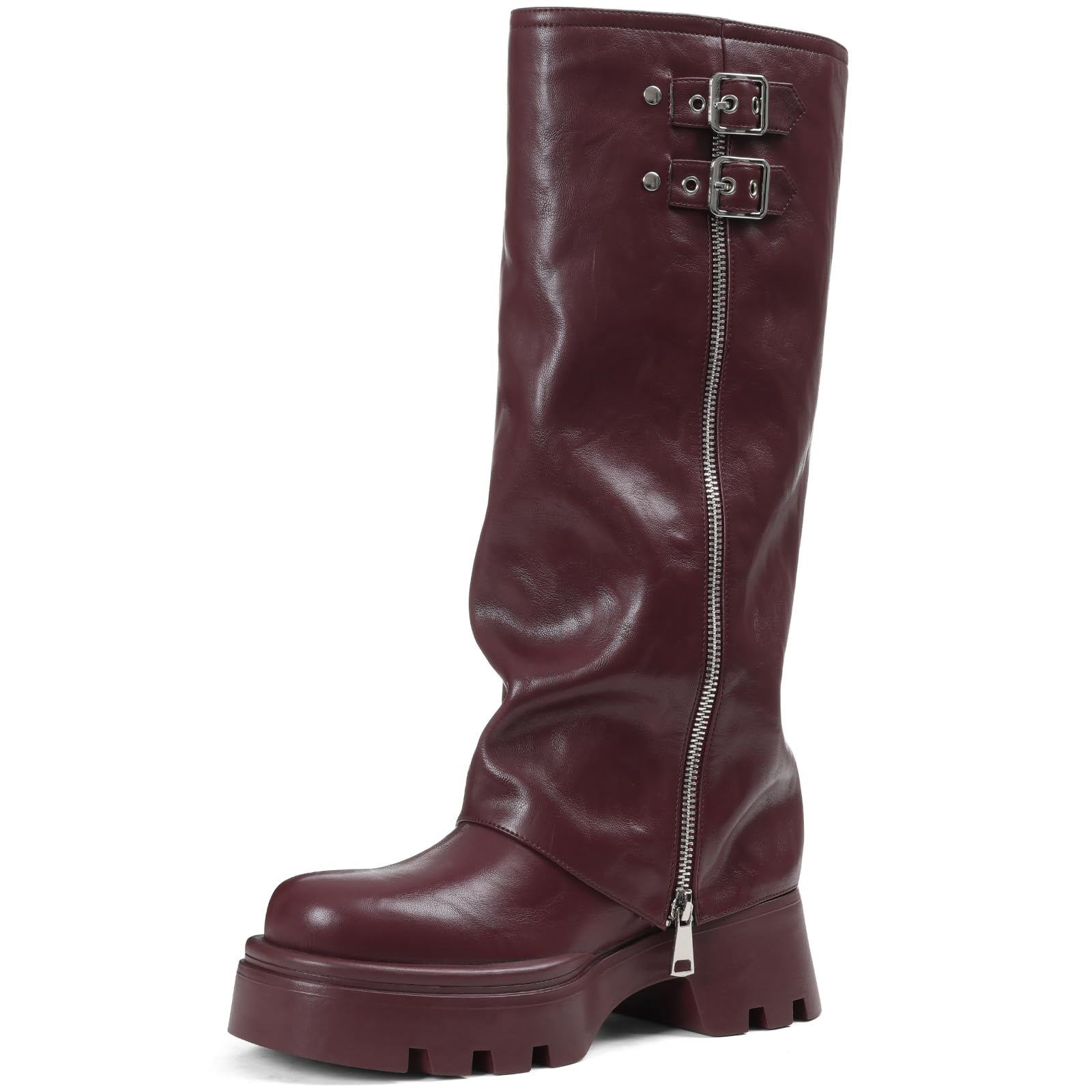 Womens Knee High Fold Over Boots Chunky Platform Lug Sole Comfortable Leather Round Toe Goth Moto Combat Dress
