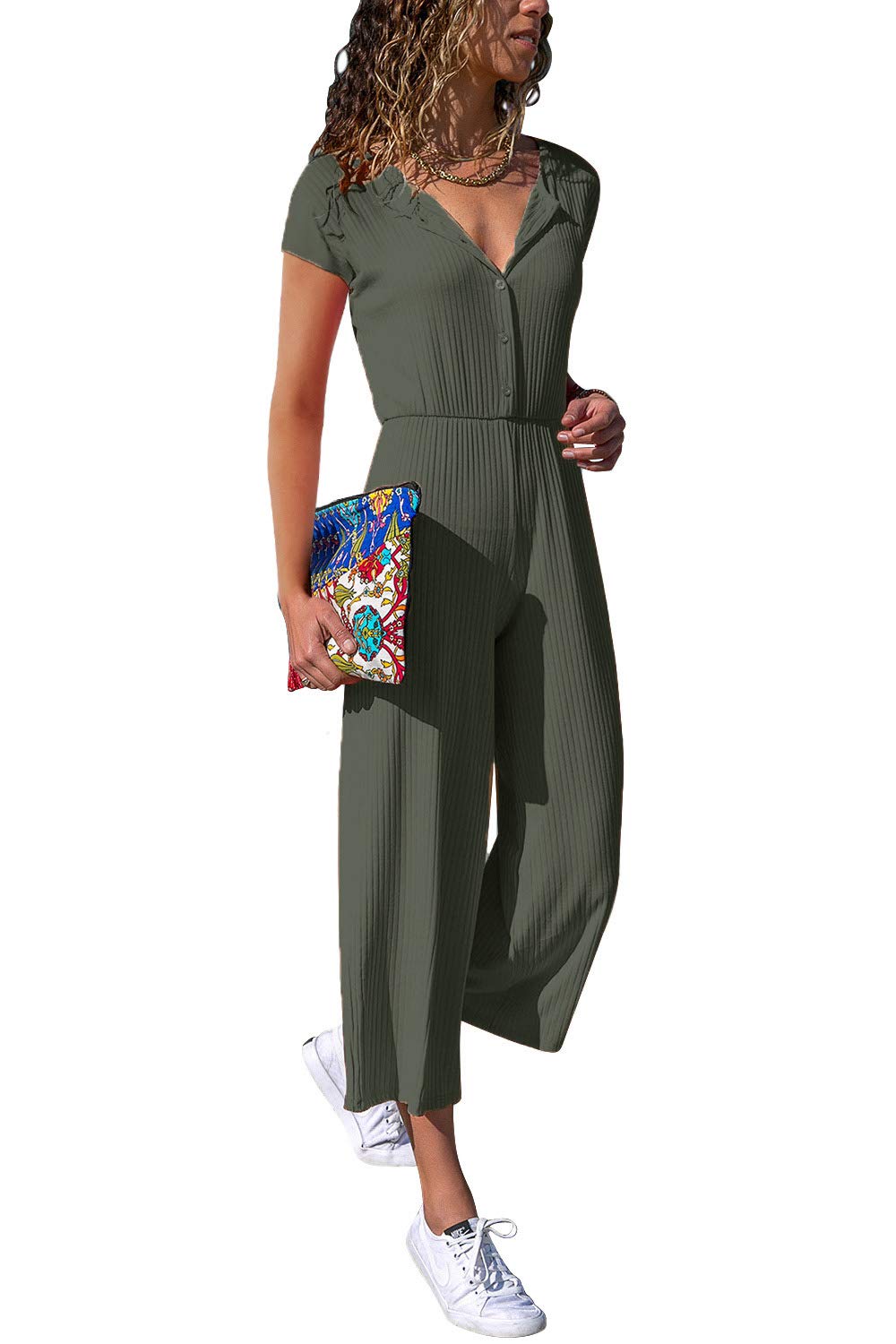 Cassiecy Jumpsuit Women's Elegant Short Sleeve Playsuit V-Neck Casual Loose Overalls Long Romper
