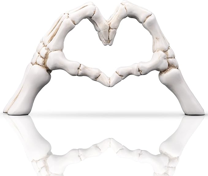 LCCCK White Hand Gesture Desk Statues Love Ornaments,Skull Couple Statue, Creative Wedding Home Desktop Decor,Heart Shape Hand Figurines for Living Room Shelf Coffee Table Centerpiece
