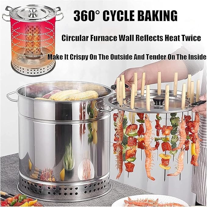 Griglia a carbone portatile senza fumo e affumicatore verticale per barbecue, barile in acciaio inox con torrefazione rotante per cucinare all'aperto