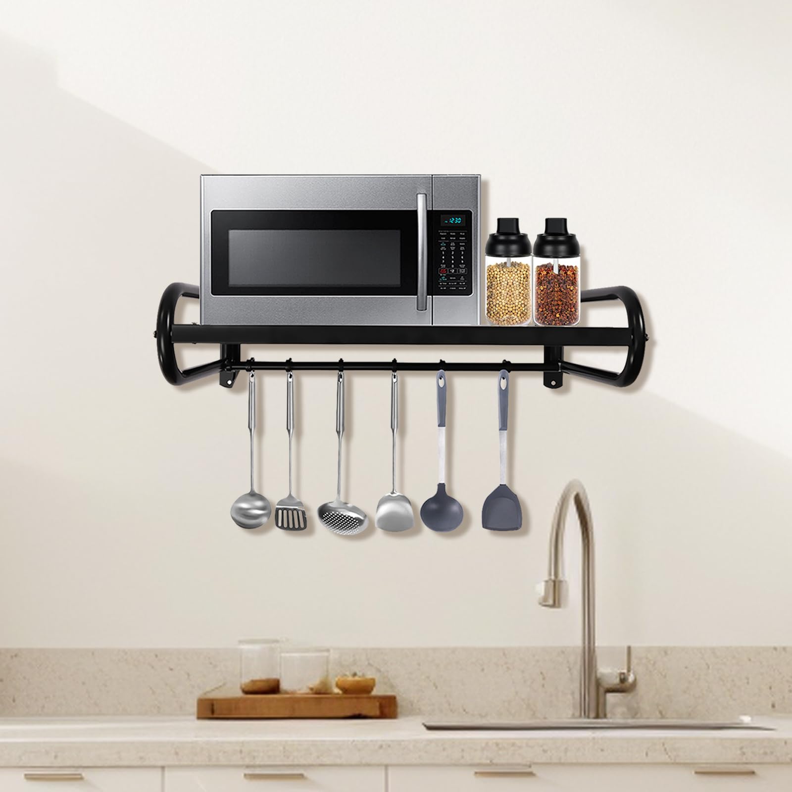 Estantería de pared para microondas, 6 ganchos, soporte para microondas, estante de pared de acero inoxidable, estante de pared para microondas, montaje adhesivo o montaje en taladro