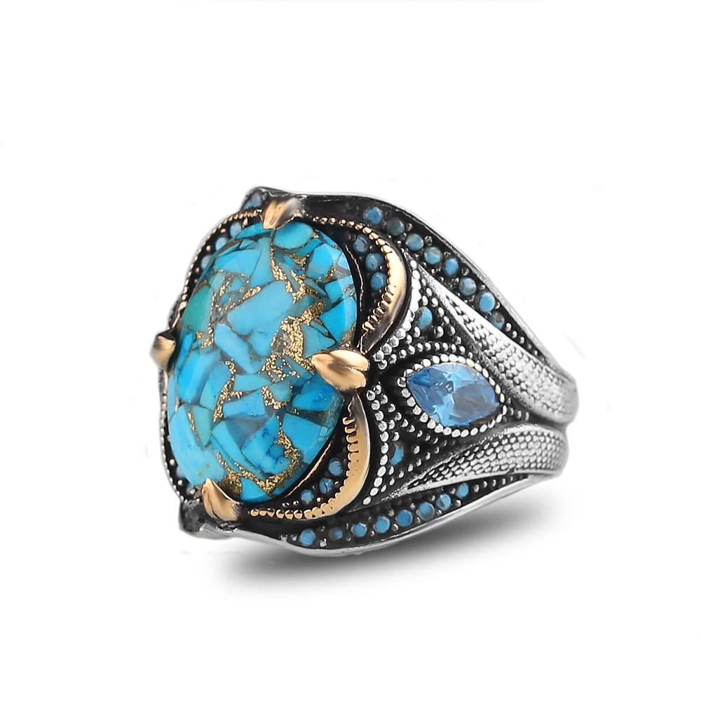 BayVog 925 Sterling Silver Genuine Turquoise Stone Men's Ring with Aquamarine Side Stones, Handmade Engraved Men's Silver Ring, Turkish Silver Ring, Gift for Him