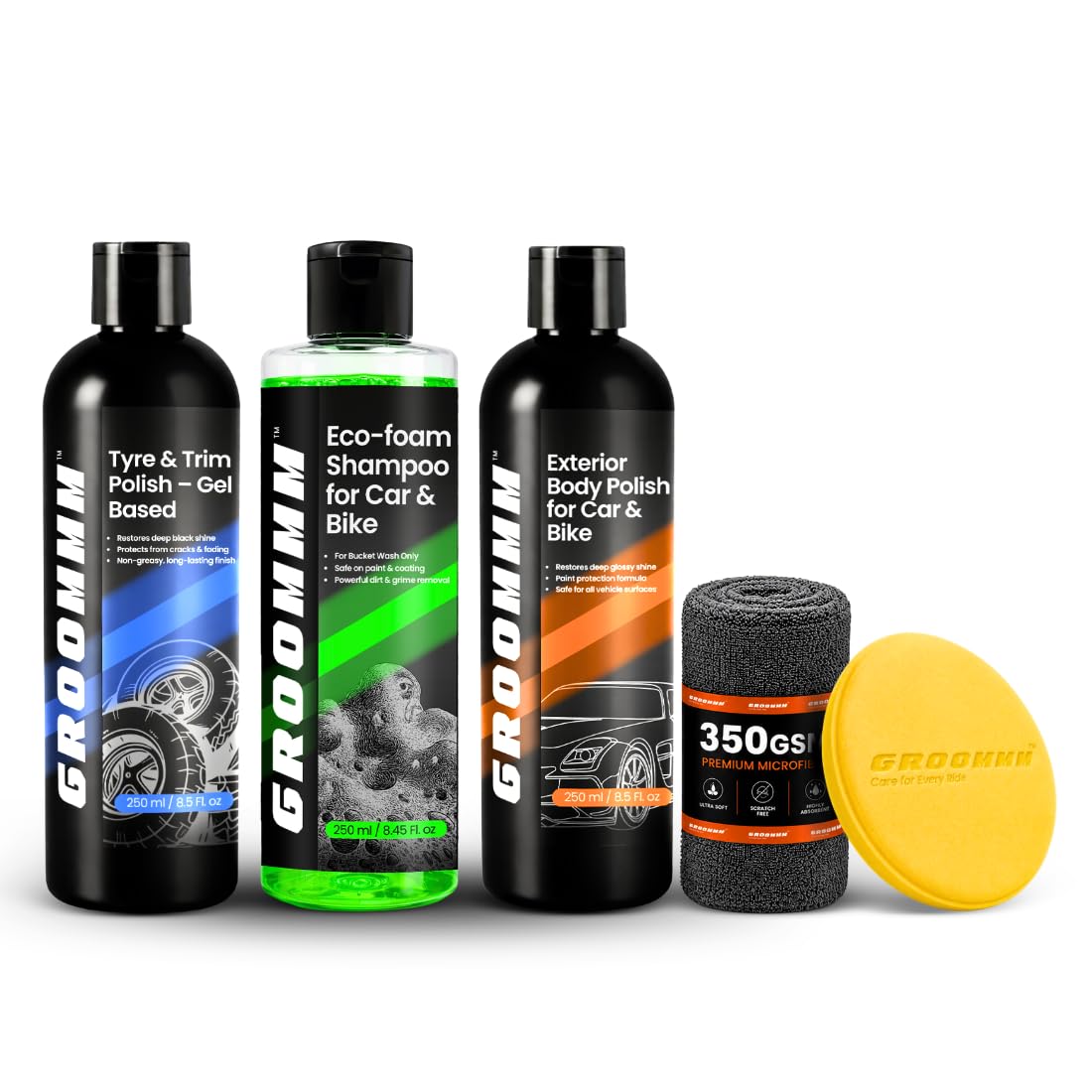 GROOMMM Car Care Kit (250ml x 3) – Car Wash Shampoo, Car Polish & Tyre Polish with Applicator Pad & 350 GSM MFC Cloth | High Gloss Car Polish with UV Protection | Long-Lasting Deep Black Tyre Shine-image-44