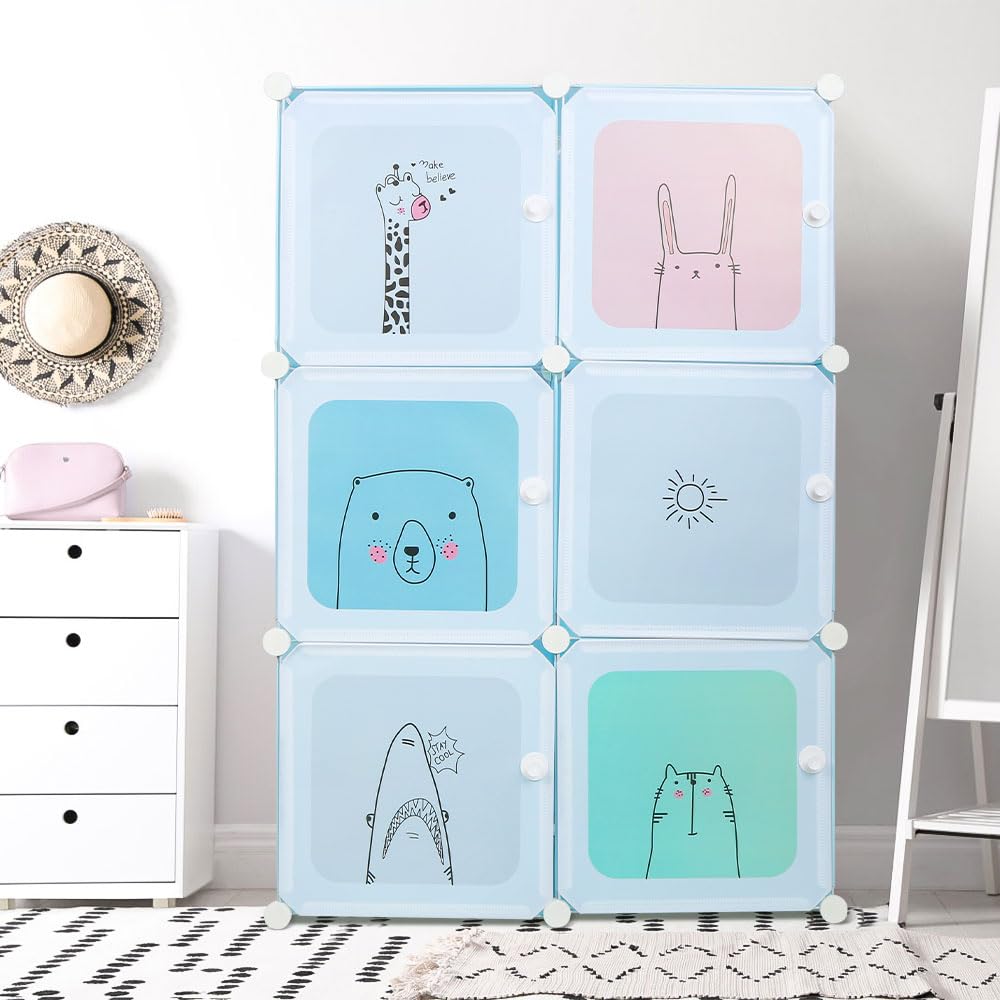 Armadio in plastica modulabile 6 cubi con ante per giocattoli 74x37x110 cm blu