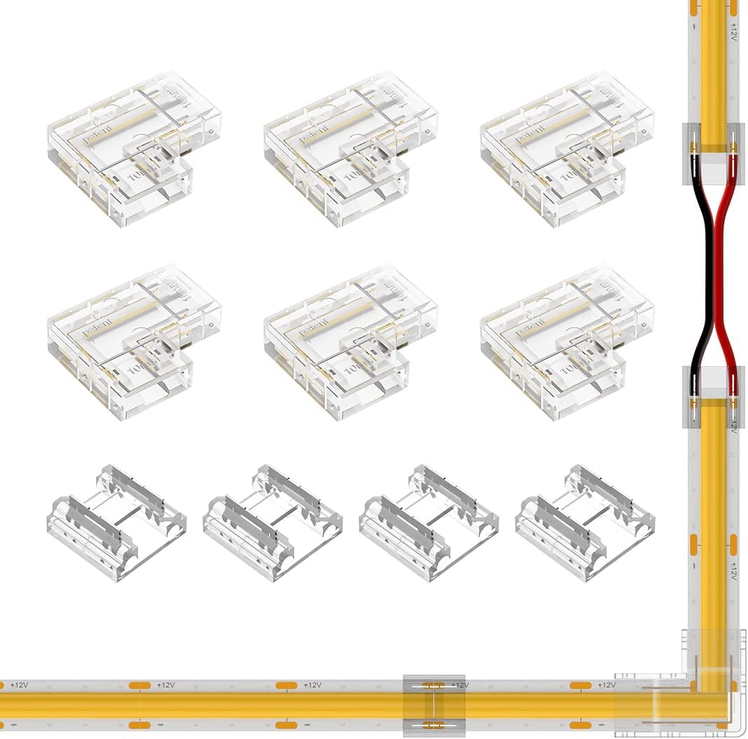 COB 8mm/0.31in Width LED Connector Kit 6Pcs 2 Pin Transparent Gapless L-Shaped 4Pcs 2Pin Strip to Strip Connectors for FCOB PWM Single Color +V -V LED Lights