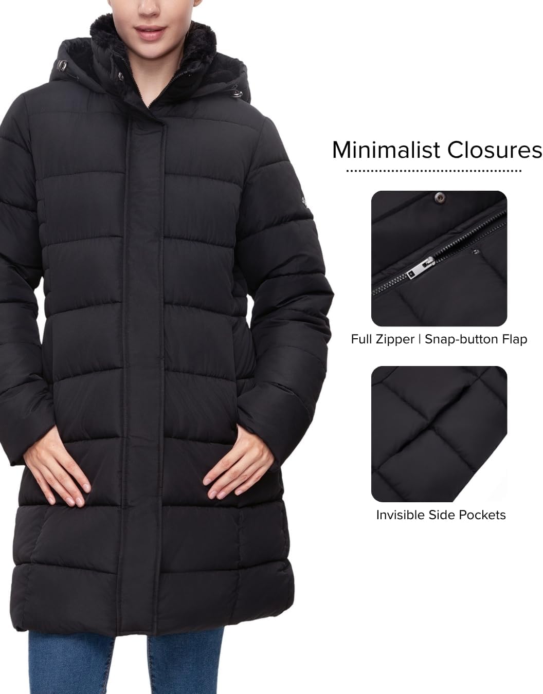Rokka&Rolla Women's Mid-Length Water-Resistant Long Puffer Jacket Winter Coat with Soft Mini Fur Lined Hood