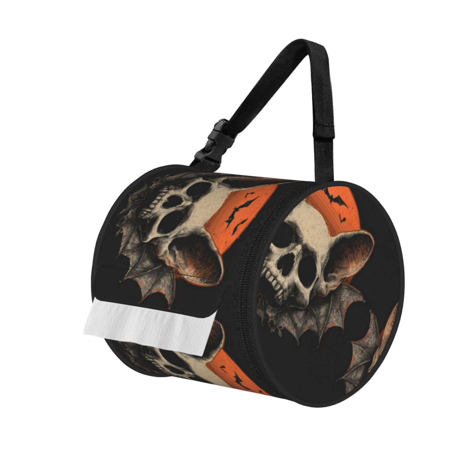Cat Halloween Skull Bat Printed Cylindrical Tissue Bag Portable Oxford Cloth, Foldable Travel Tissue Holder With Zipper And Adjustable Belt