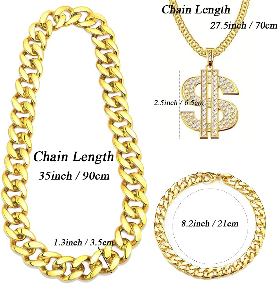 MOZAKA 80s 90s Rapper Costume Kit for Men Hip Hop Accessories Fake Golden Chain Money Sign Necklace Rapper Costume Jewelry - Image 4