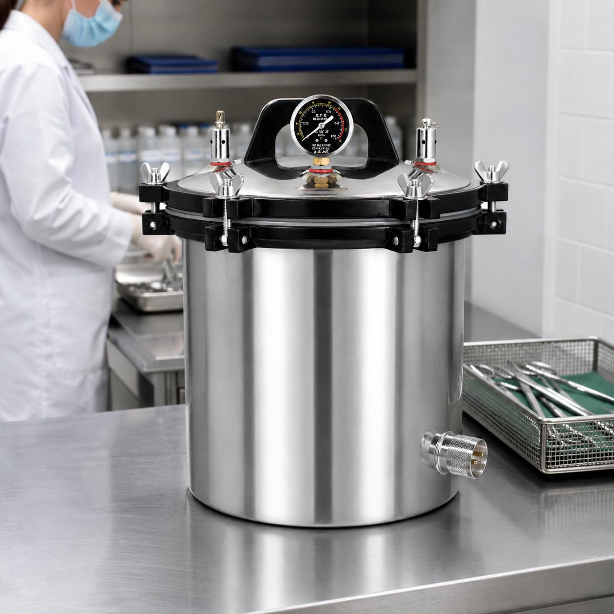 Esterilizador autoclave de vapor a presión portátil de 24 L, equipo de laboratorio de acero inoxidable con prevención de quemaduras secas y diseño de tres válvulas para una esterilización eficaz