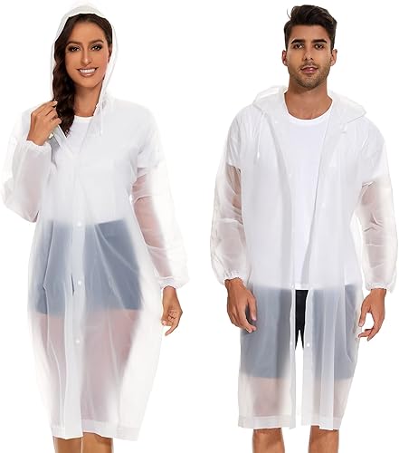 Feifango Ponchos de lluvia reutilizables para adultos, paquete de 2 impermeables ligeros de EVA, chaquetas impermeables con capucha con cordón para