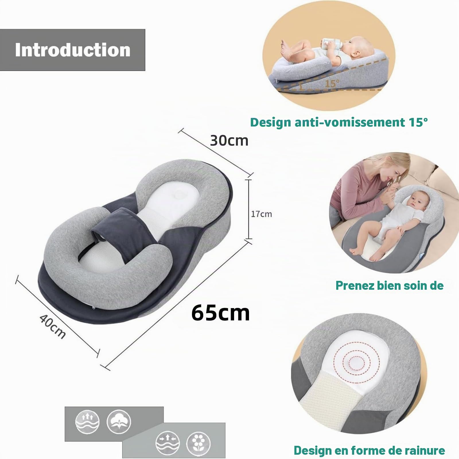 Coussin de Repos pour bébé, Inclinaison à 15°, Housse en Modal Respirant, prévient Les régurgitations, Convient aux Nouveau-nés et aux Tout-Petits (Grand modèle : 65 x 40 x 30 cm).