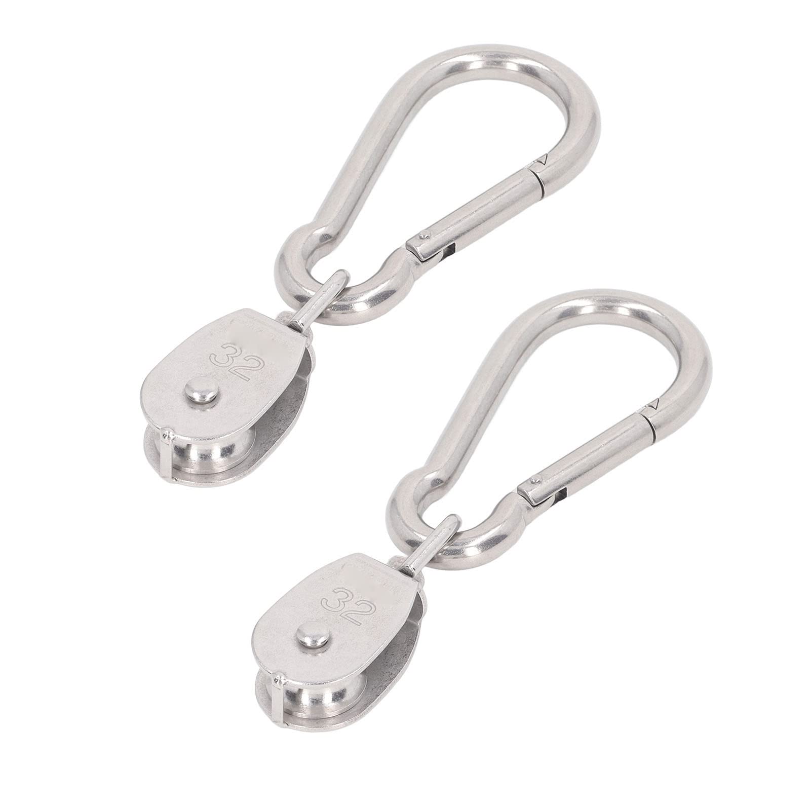 2Pcs M32 Single Pulley Block, with 2 Spring Snap Hooks, 250KG Load Bearing, 360° Rotating, 304 Stainless Steel, for Maintenance, Fishing, etc
