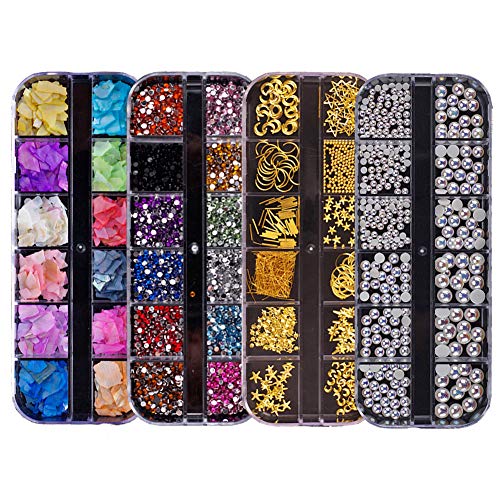 Nail Art Rhinestones, Colorful Shiny 3D Nail Gems Kit (4 Boxes) Multicolor Nails Gem Polish Rivets Studs Double-sided Glue Stickers Nail Decoration Kits Clippers Foil Equipment Acrylic