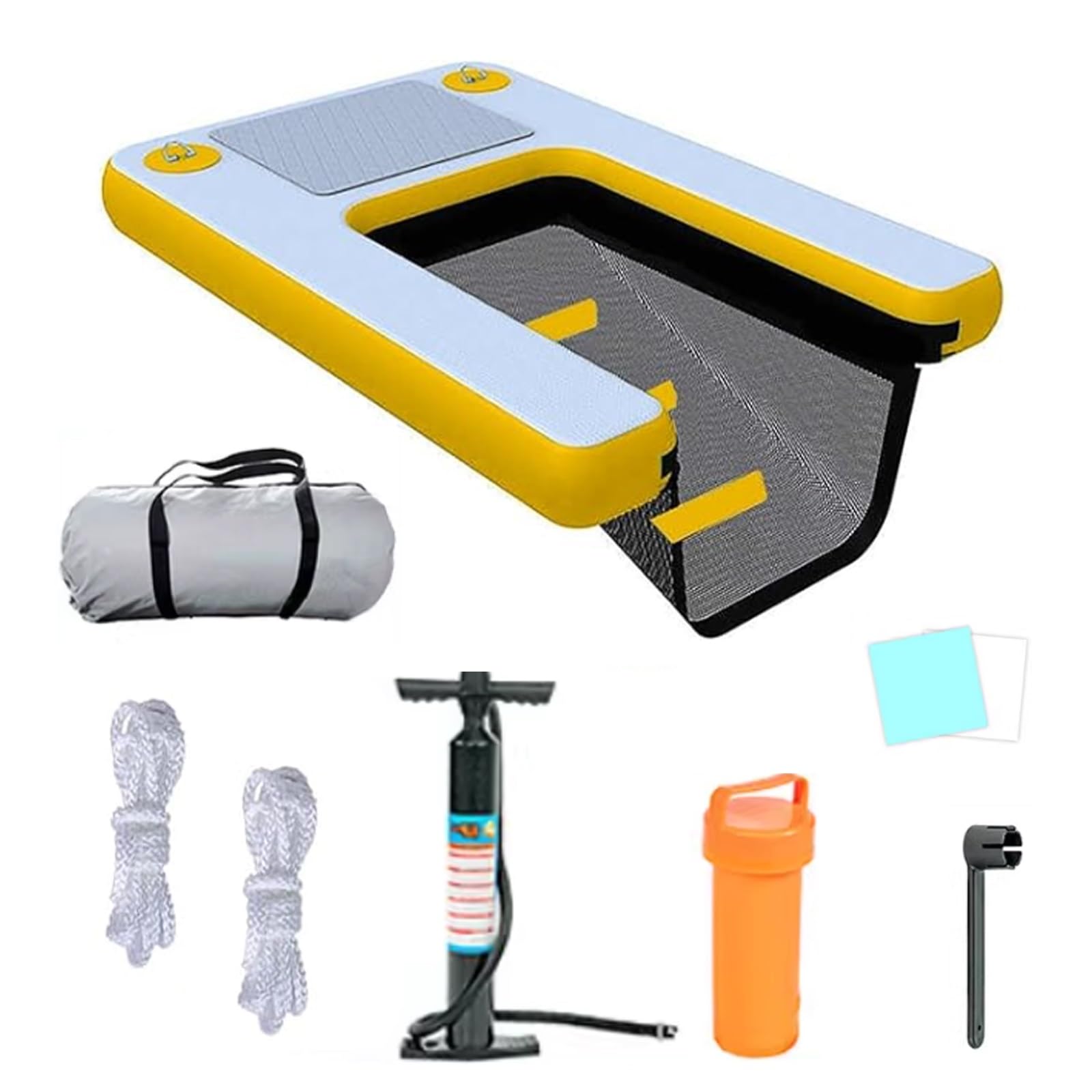 Easy to Store Inflatable Dock Floating Platform Dog, Portable Dog Pool Ramps Ladder for Poolside/Lake/Sea/Yacht, Pontoon Boat Dog Platform With Accessories(Yellow)