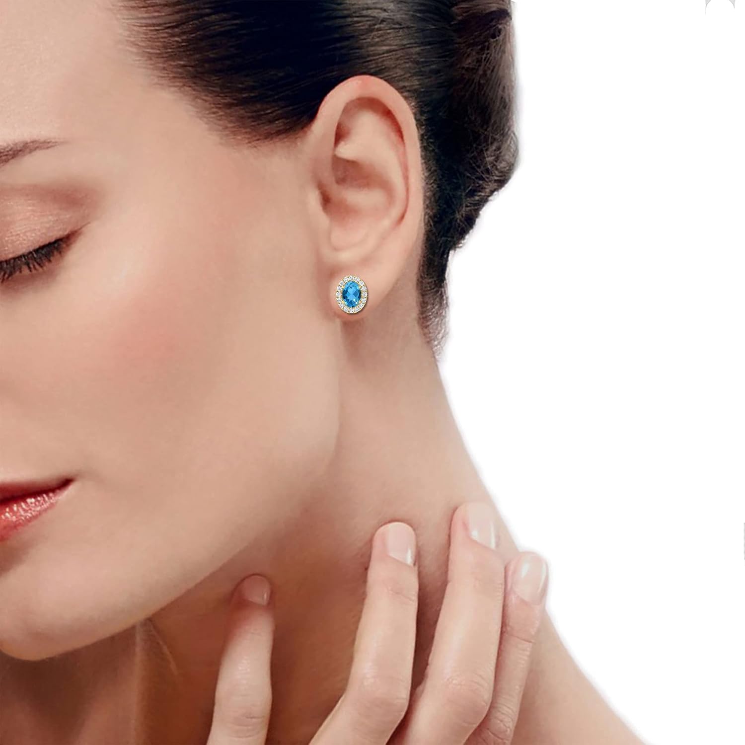 Inspereza Oval Gemstone and Round Diamond Halo Stud Earrings in 14kt Gold (6X4 MM gemstone)